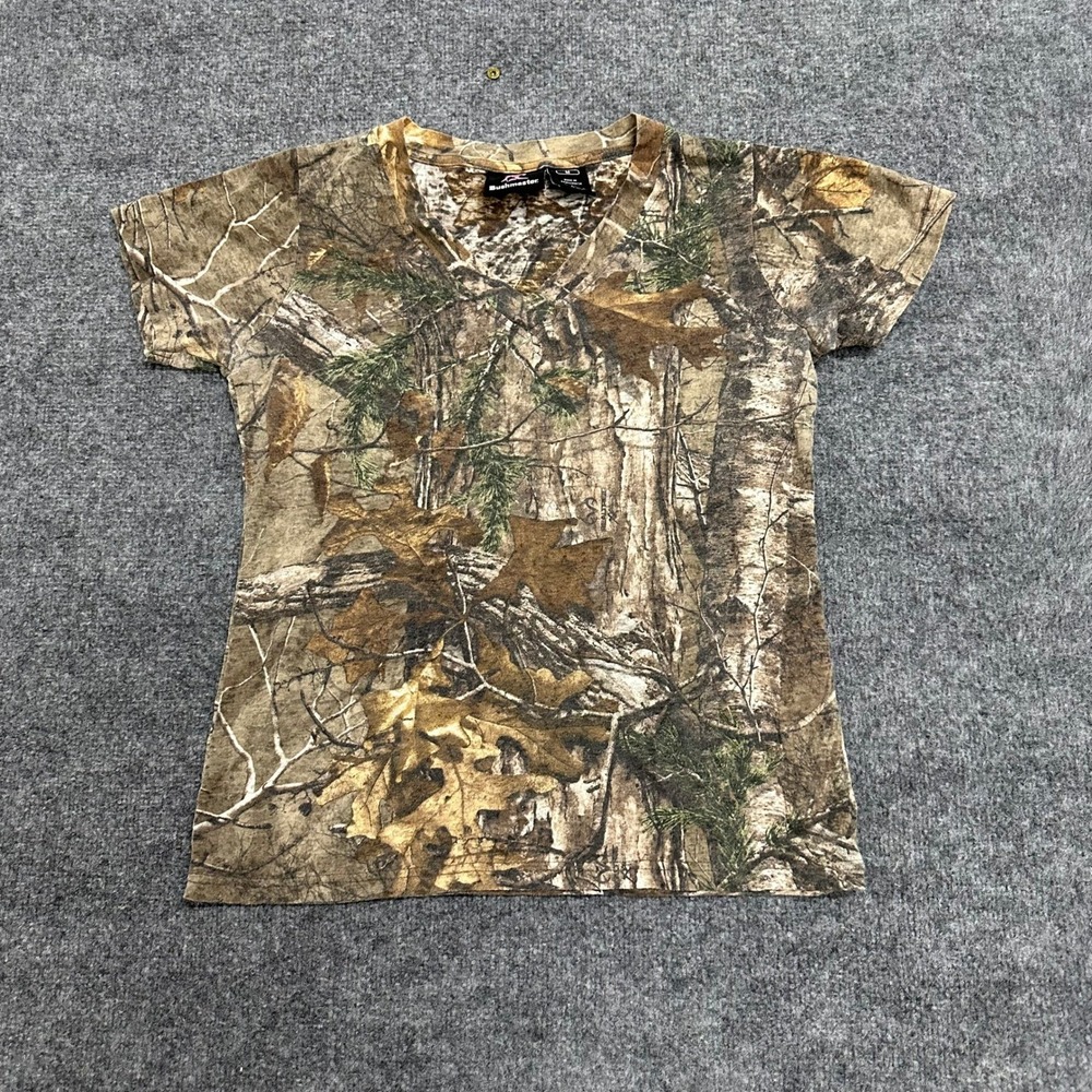 Bushmaster T-Shirt Womens Size M Brown Realtree Camo V-Neck Short Sleeve Outdoor
